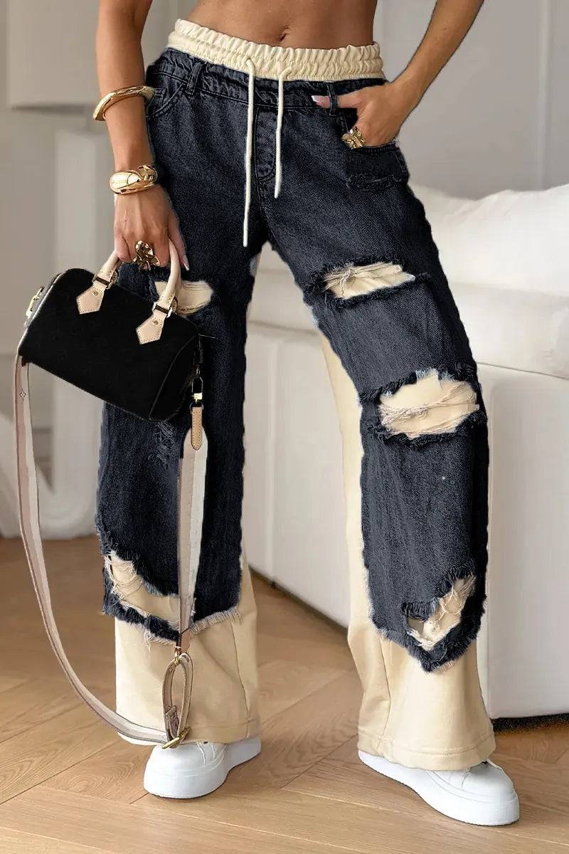 Maya Two-Tone Deconstructed Wide-Leg Jeans