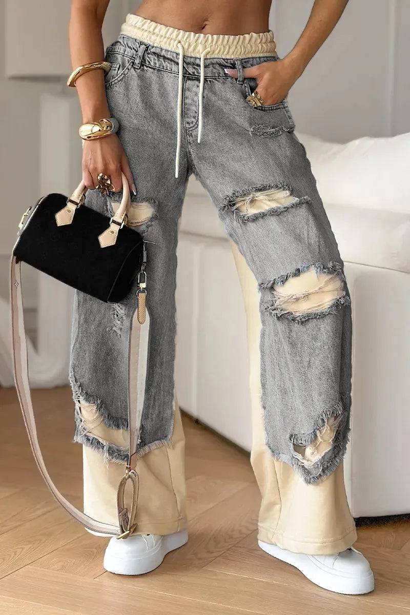 Maya Two-Tone Deconstructed Wide-Leg Jeans